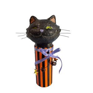 Black Cat Halloween Candy Container Paper Mache Folk Art 7 3/4" Tall By Seasons